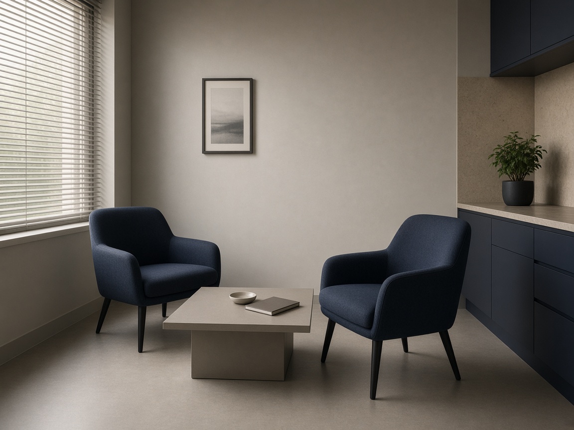 Consultation room with navy chairs and soft window light