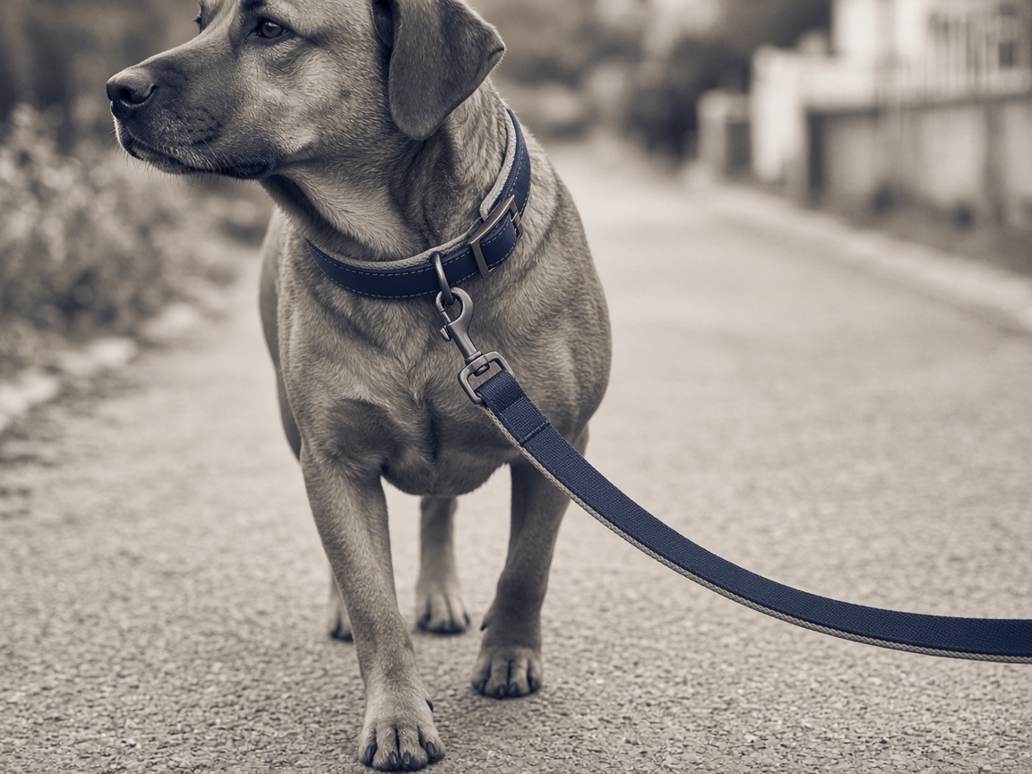 Calm dog wearing a navy leash during outdoor practice